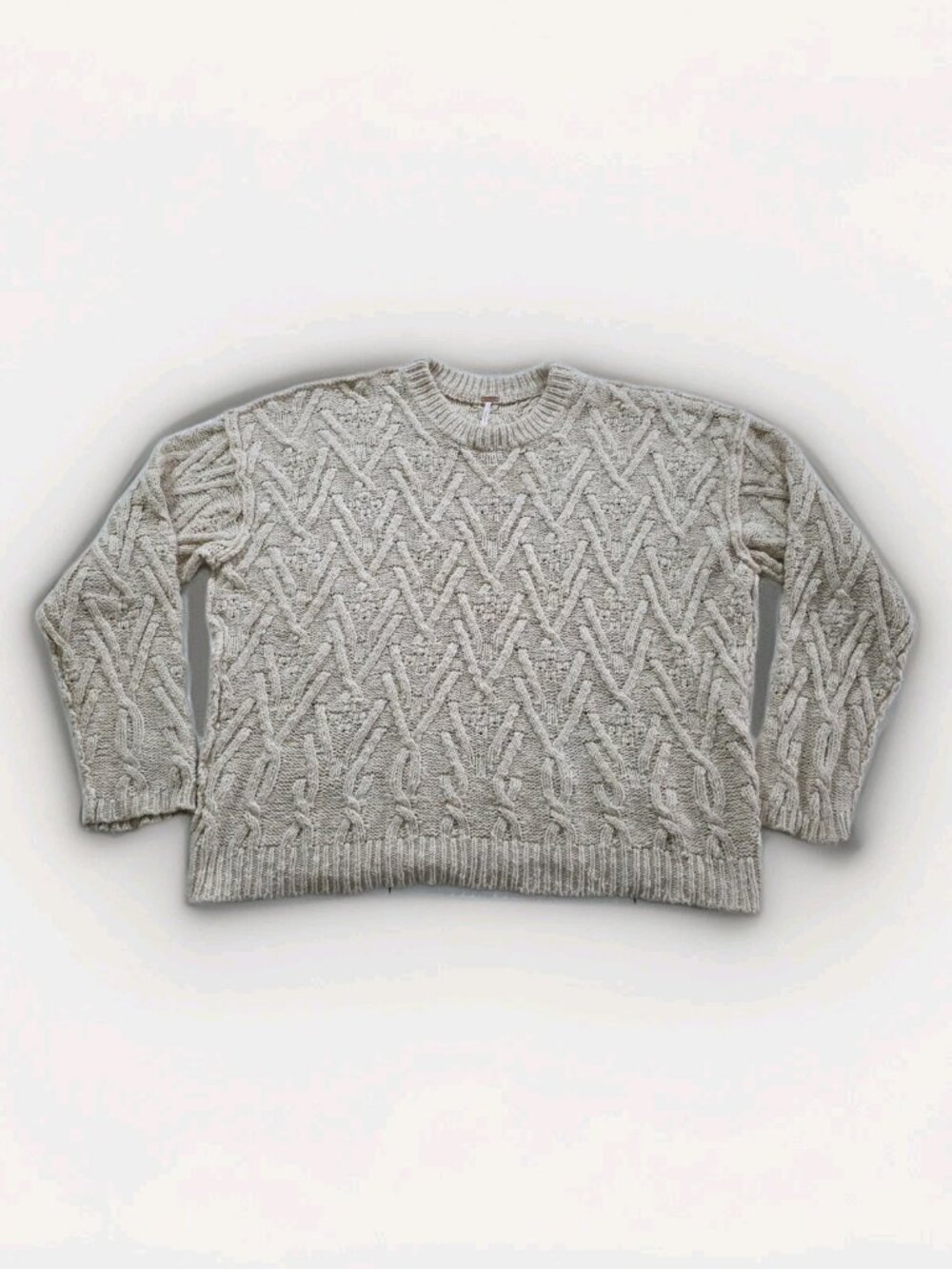 Free People Sweater Women L Cream Chevron Cable Knit Boho Coastal Hippie Slouchy